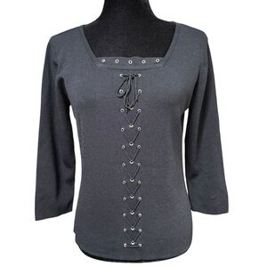 Carducci Black Lace Up Corset Ribbed Knit Sweater Top Size Medium Y2K